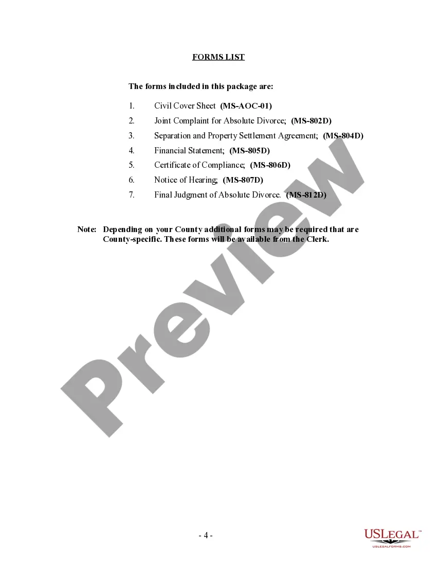 Preview Mississippi No-Fault Agreed Uncontested Divorce Package for Dissolution of Marriage for Persons with No Children with or without Property and Debts