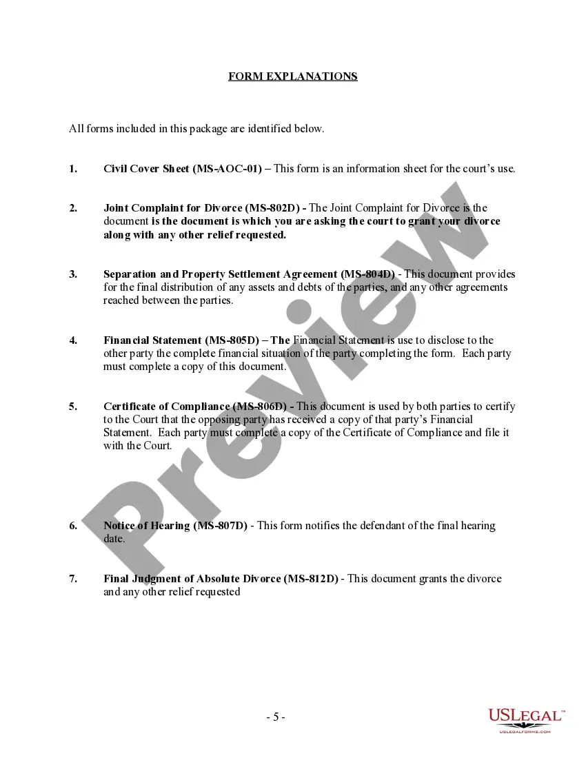 Preview Mississippi No-Fault Agreed Uncontested Divorce Package for Dissolution of Marriage for Persons with No Children with or without Property and Debts