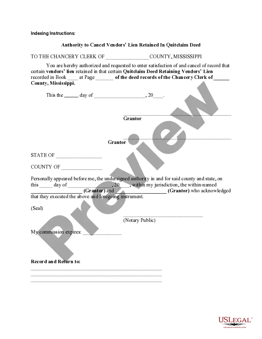 Preview Authority to Cancel Vendors' Lien Retained In Quitclaim Deed