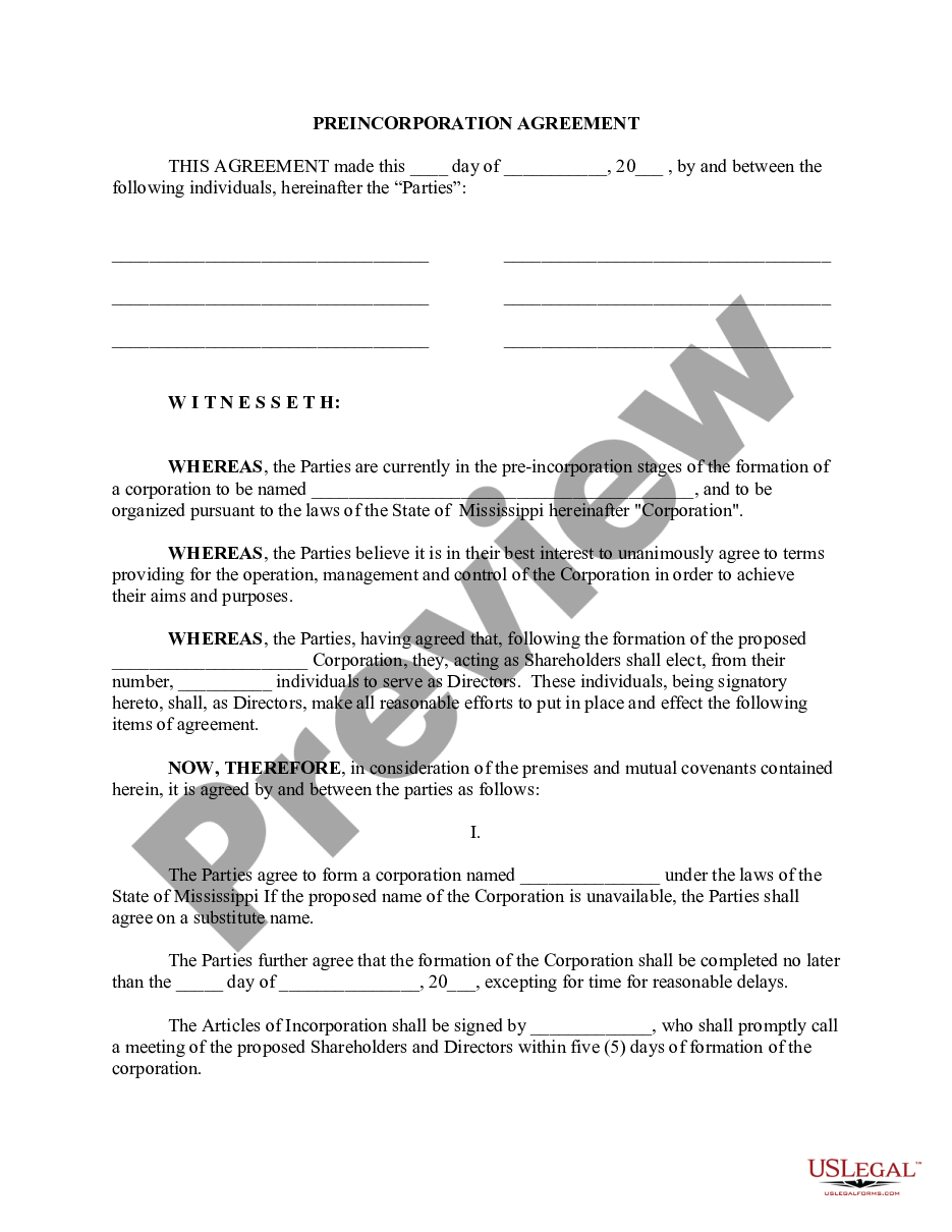 page 0 Mississippi Pre-Incorporation Agreement, Shareholders Agreement and Confidentiality Agreement preview