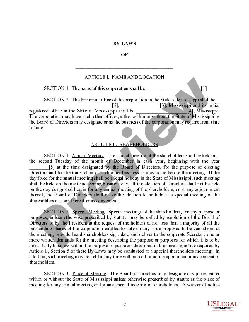 Get Mississippi Bylaws for Corporation Preview Mississippi Bylaws for Corporation