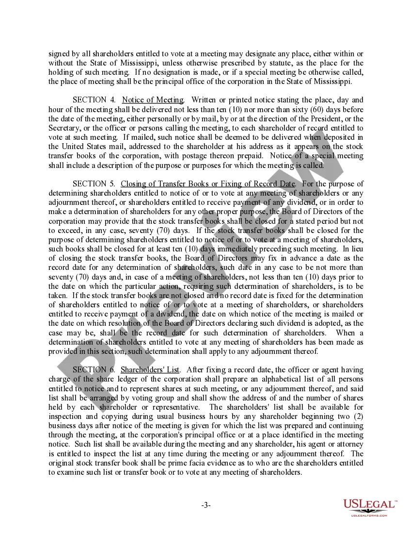 Get Mississippi Bylaws for Corporation Preview Mississippi Bylaws for Corporation