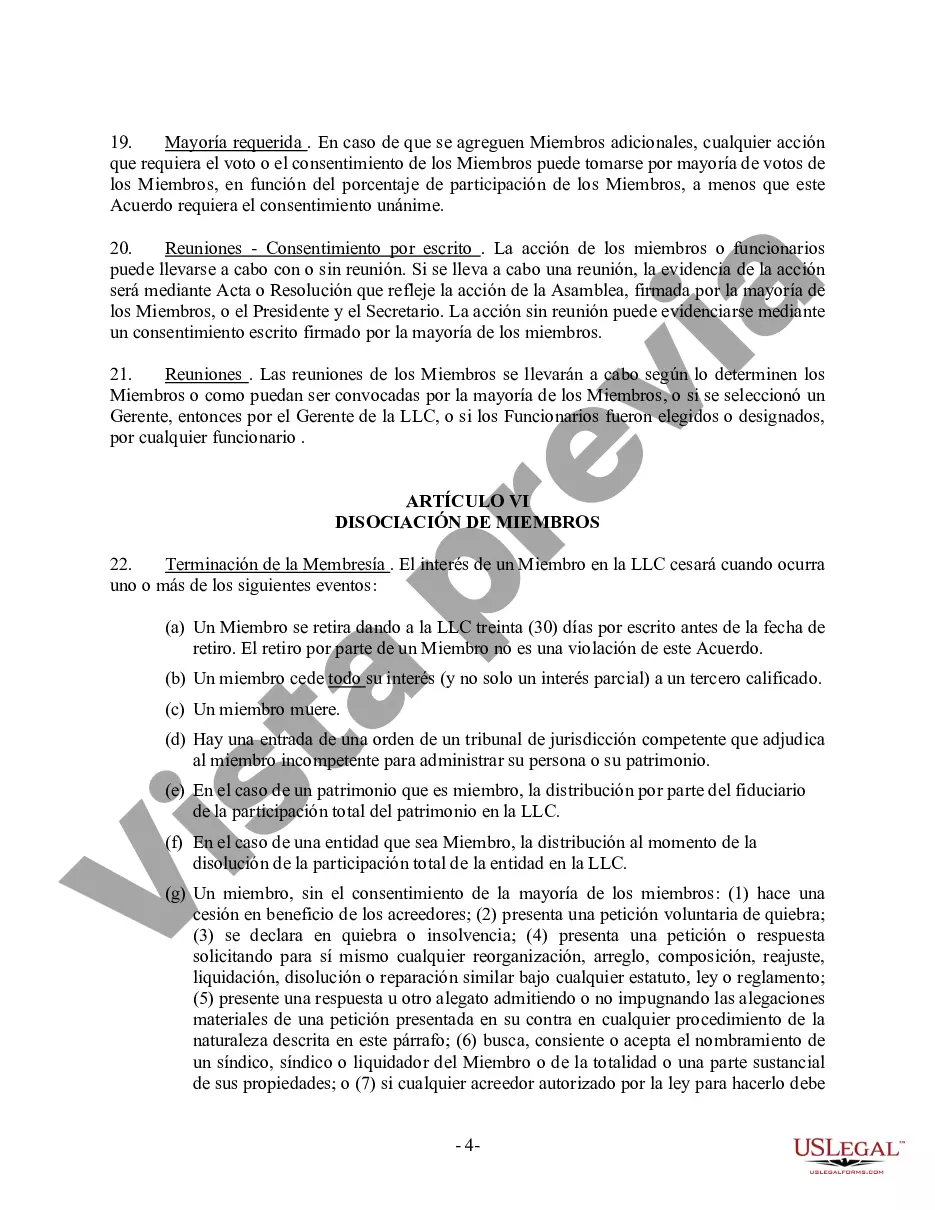 Preview Acuerdo Operativo LLC de Sociedad de Responsabilidad Limitada de Miembro Único
