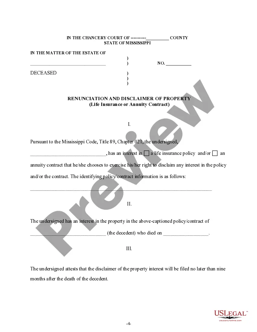 Preview Mississippi Renunciation and Disclaimer of Property from Life Insurance or Annuity Contract