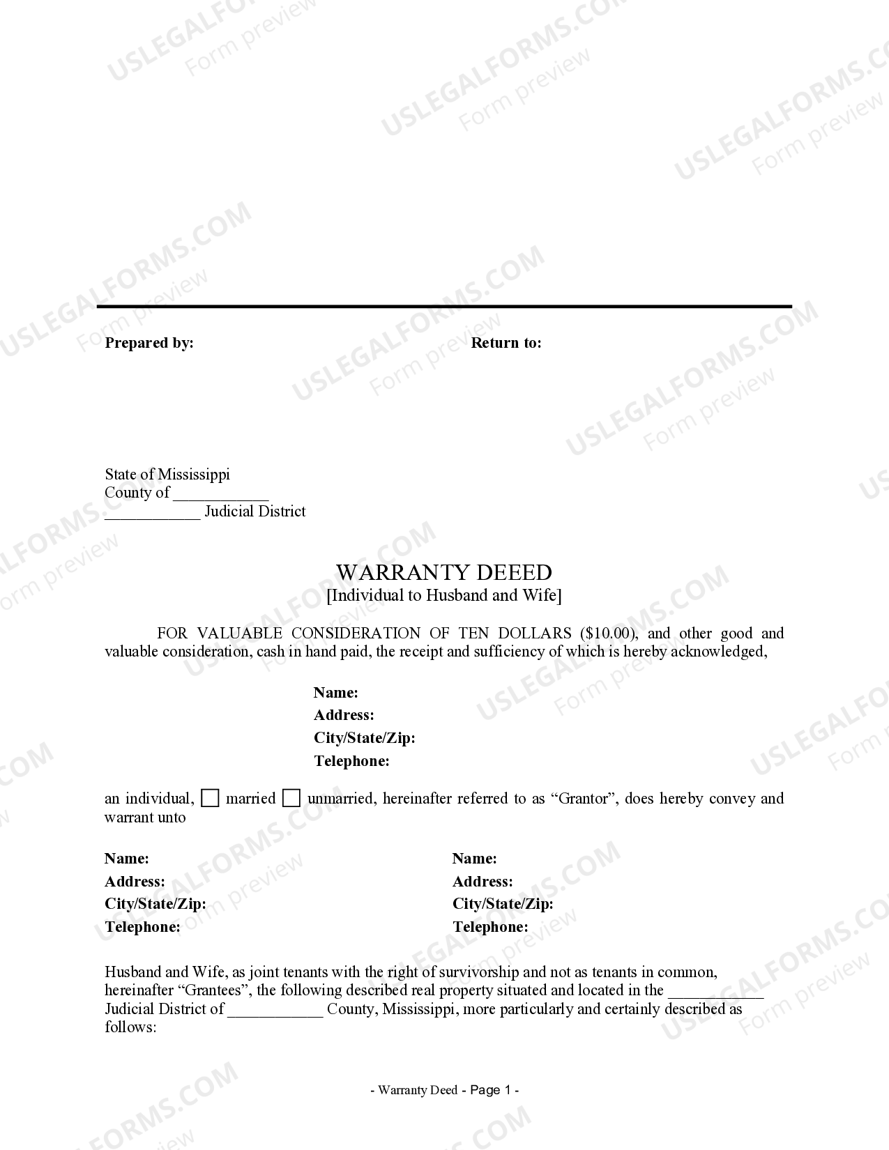 Mississippi Warranty Deed from Individual to Two Individuals / Husband