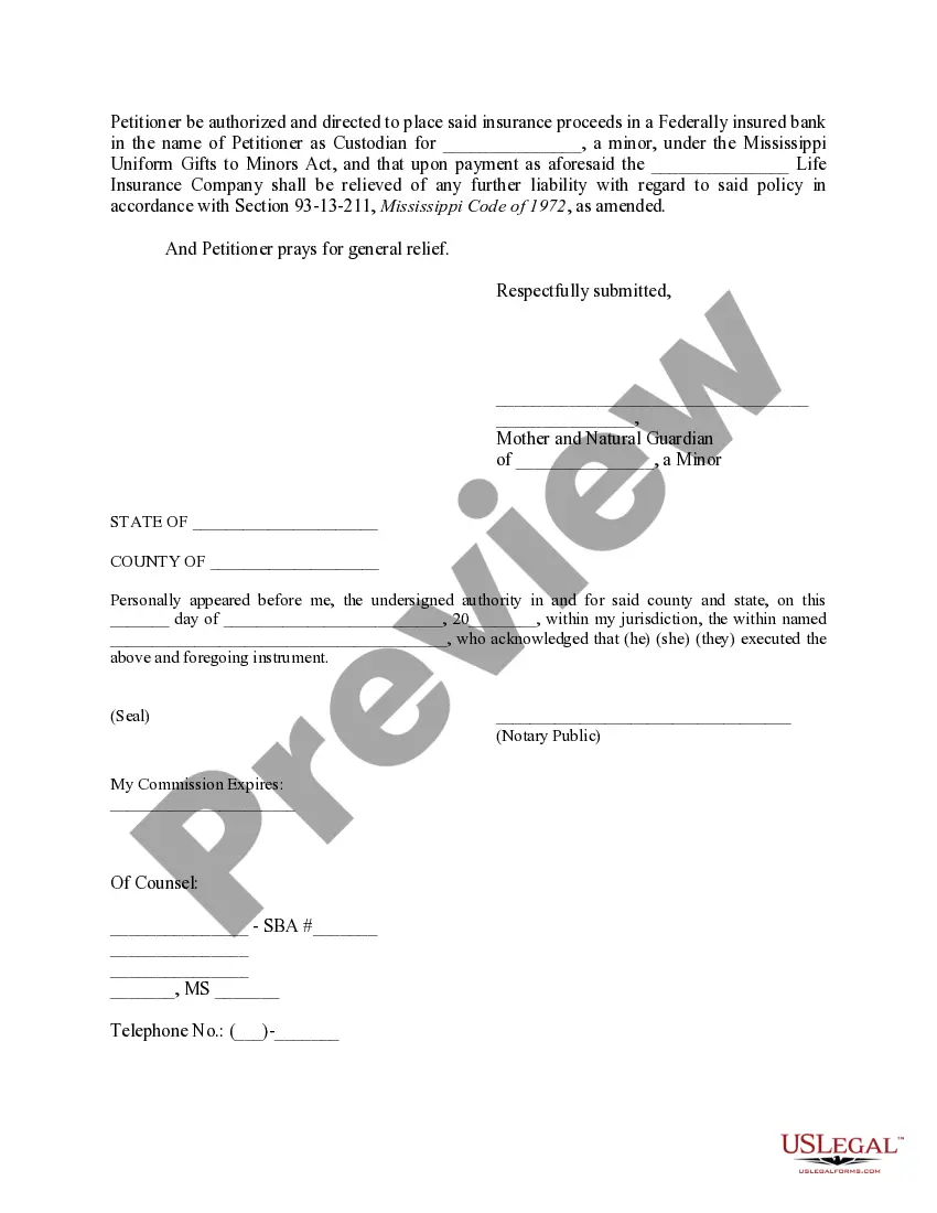 Get Petition of mother and natural guardian of a minor for payment of insurance proceeds Preview Petition of mother and natural guardian of a minor for payment of insurance proceeds