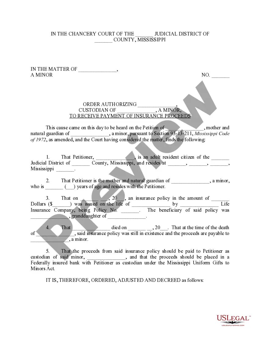 Get Petition of mother and natural guardian of a minor for payment of insurance proceeds Preview Petition of mother and natural guardian of a minor for payment of insurance proceeds