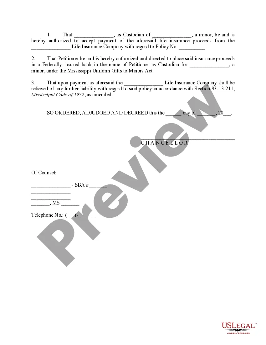 Get Petition of mother and natural guardian of a minor for payment of insurance proceeds Preview Petition of mother and natural guardian of a minor for payment of insurance proceeds