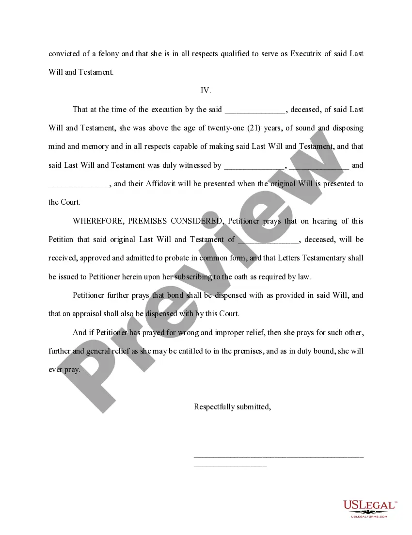 Preview Petition for probate of will and granting letters testamentary