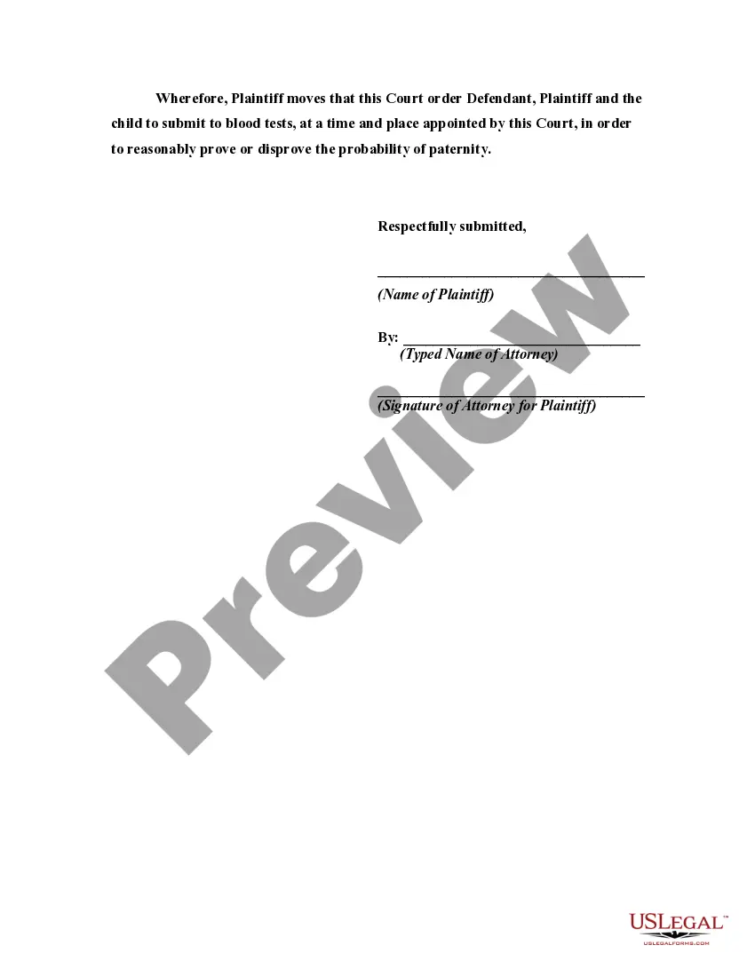 Preview Motion for Blood Tests in Order to Help Determine Paternity - Court Ordered
