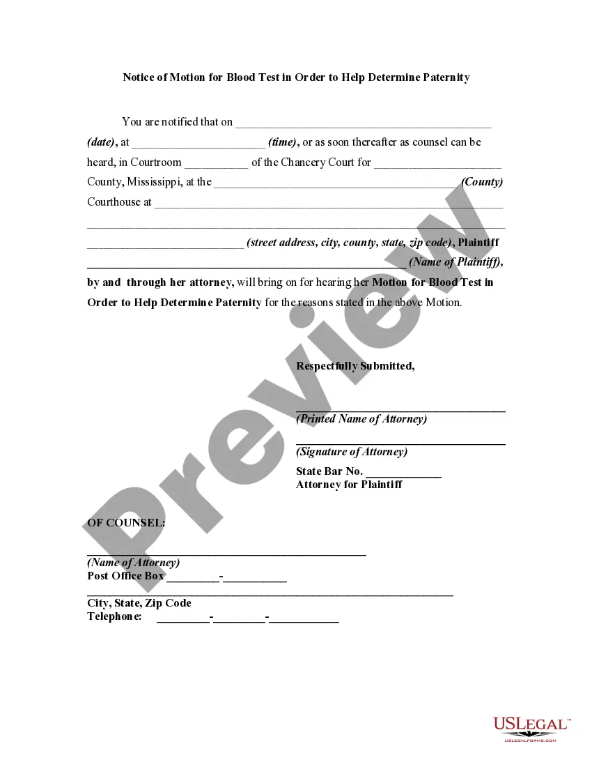 Preview Motion for Blood Tests in Order to Help Determine Paternity - Court Ordered