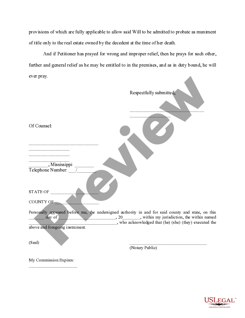 mississippi-petition-for-probate-of-will-as-muniment-of-title-only