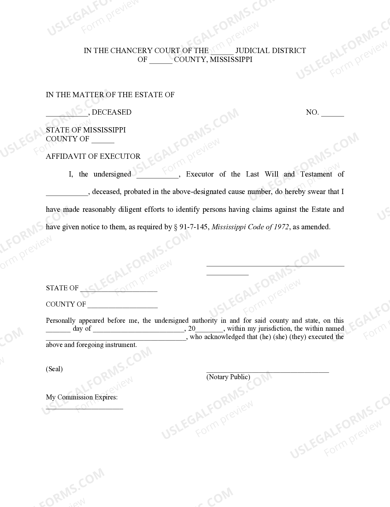 Mississippi Affidavit of Executor regarding notification of creditors