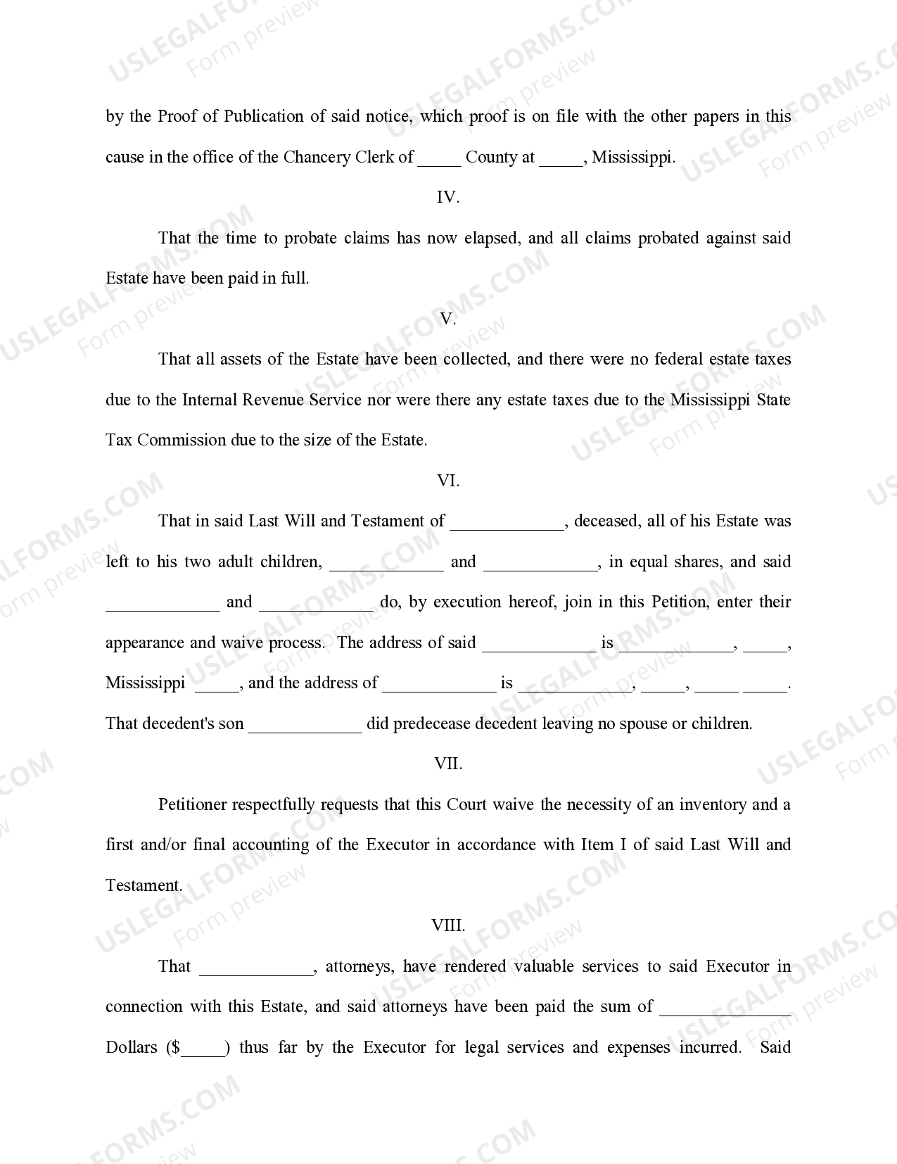 Mississippi Petition to close estate and discharge executor