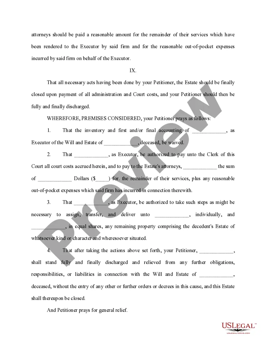 Preview Petition to close estate and discharge executor