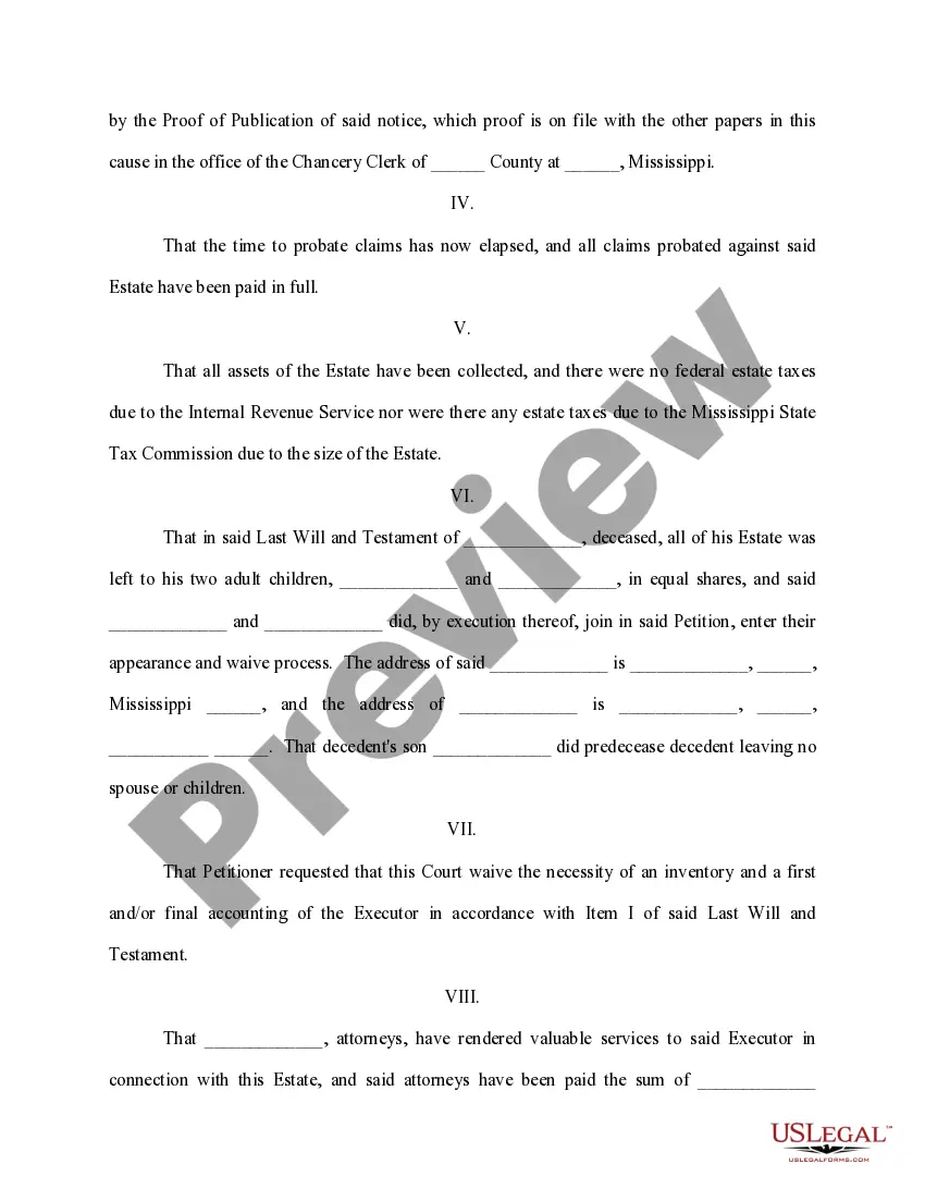 Get Order authorizing the closing of the estate and the discharge of the executor Preview Order authorizing the closing of the estate and the discharge of the executor