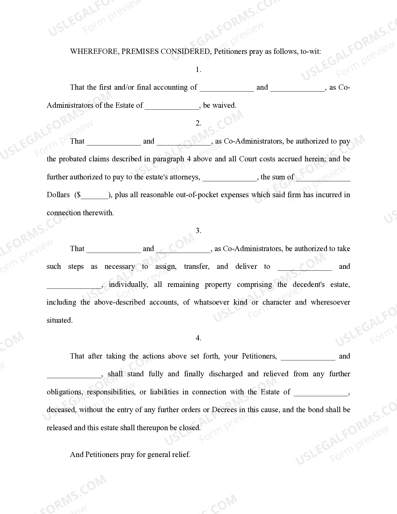 Preview Petition to Close Estate and Discharge Co-Administrators