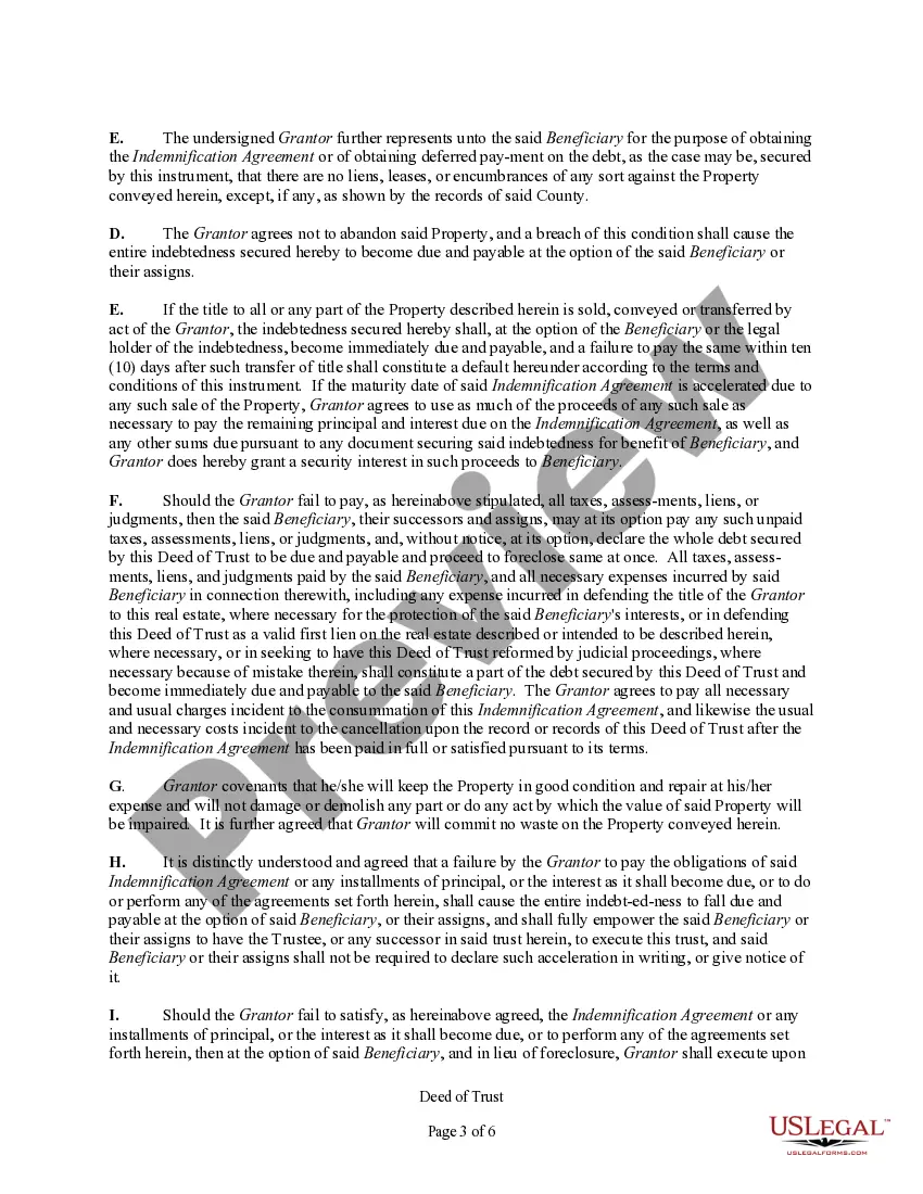 Preview Deed of Trust Securing Obligations Pursuant to Indemnification Agreement