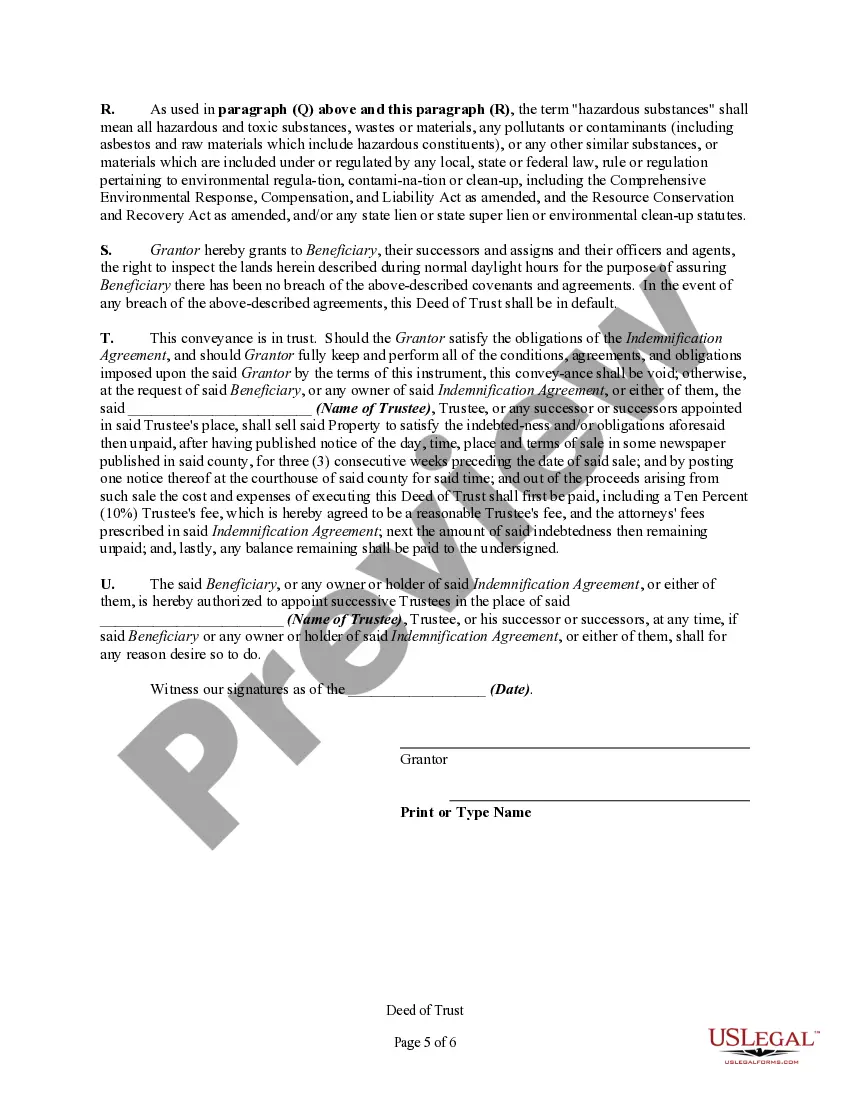 Preview Deed of Trust Securing Obligations Pursuant to Indemnification Agreement