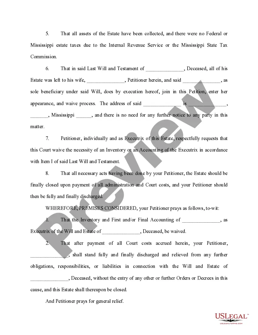 Get Petition to Close Estate and Discharge Executrix Preview Petition to Close Estate and Discharge Executrix