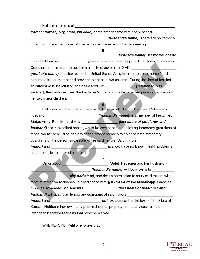 Preview Petition for Appointment of Temporary Guardians for Minors and Request to Move out of State with said Minors