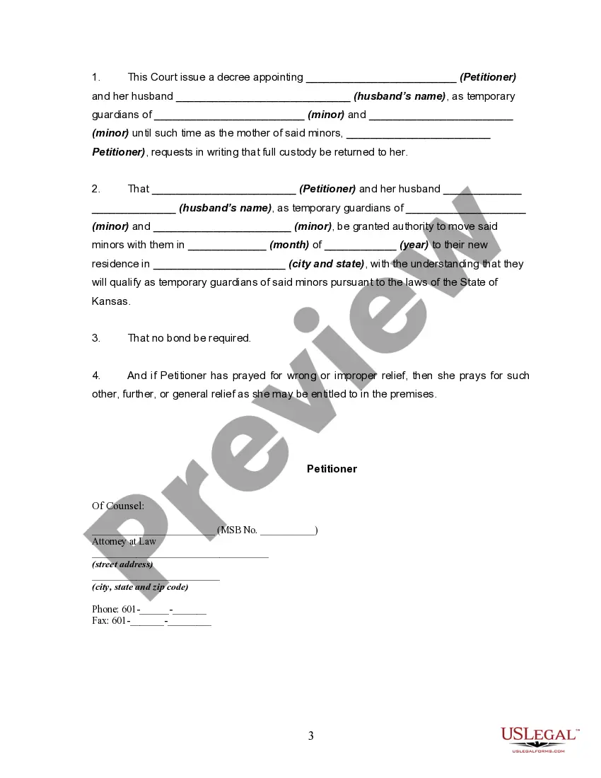 Preview Petition for Appointment of Temporary Guardians for Minors and Request to Move out of State with said Minors