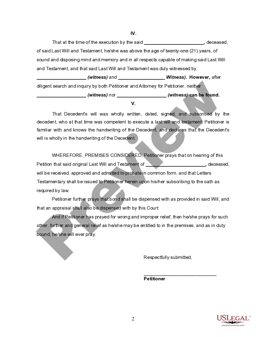 Preview Petition to Probate Will When Witnesses Cannot be Found