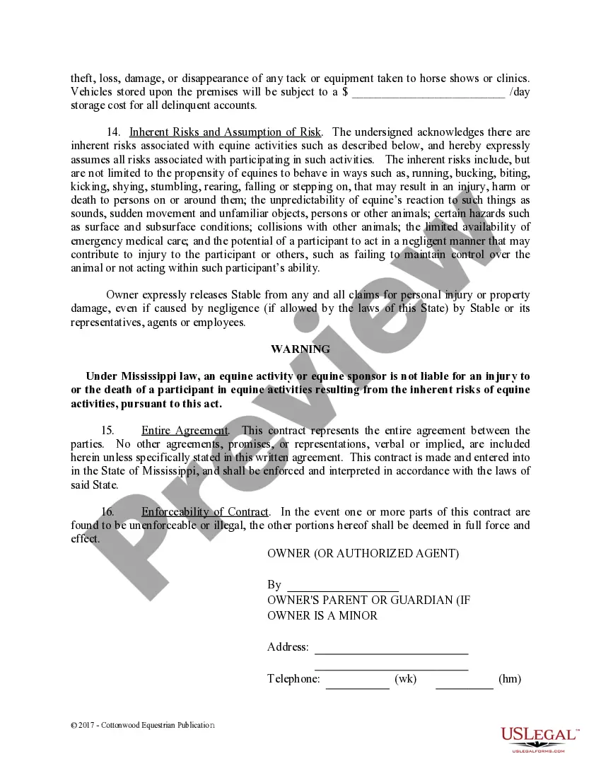 Preview Boarding Stable Agreement - Horse Equine Forms