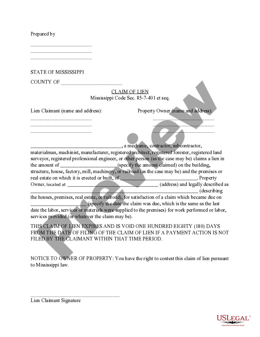 Mississippi Claim of Lien Mississippi Civil Code US Legal Forms