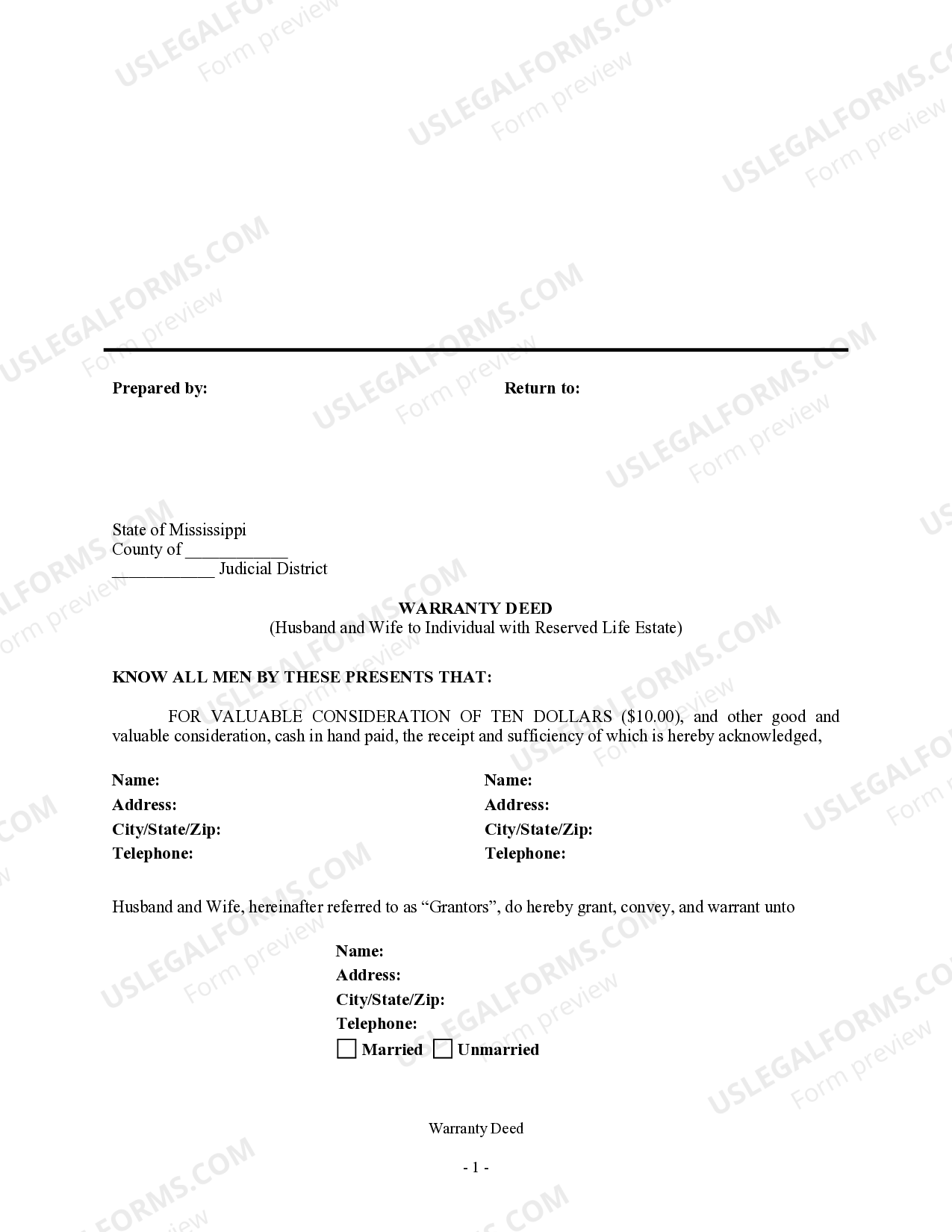 Mississippi Warranty Deed to Child Reserving a Life Estate in the