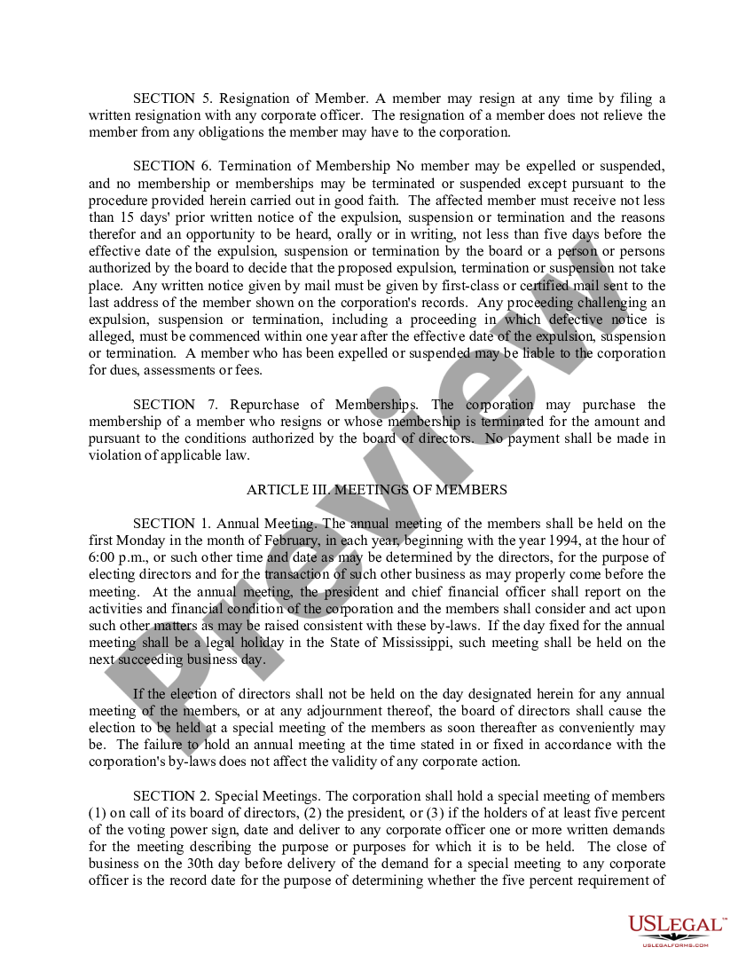 Bylaws For Mississippi Nonprofit Corporation Nonprofit Corporation Bylaws Us Legal Forms 0807