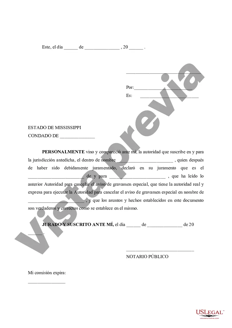 Preview Autoridad para cancelar la notificación de reclamación de gravamen especial