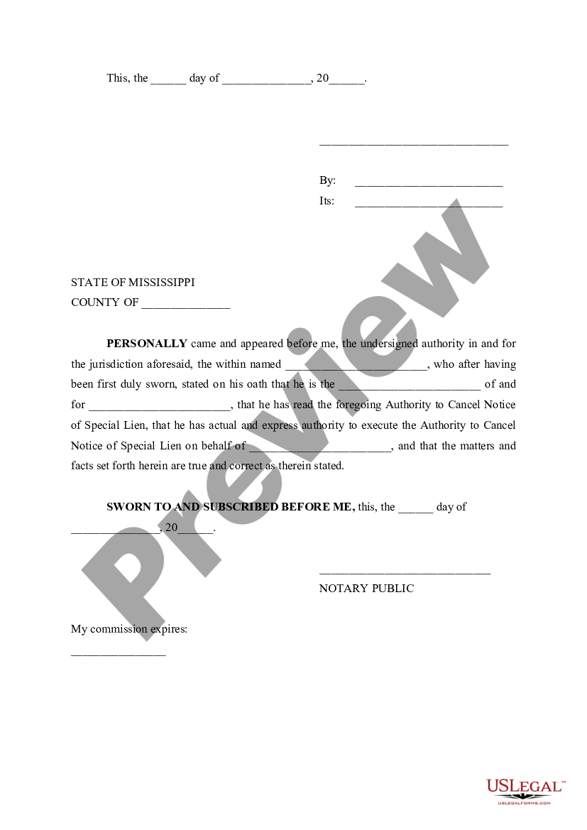 Mississippi Authority to Cancel Notice of Claim of Special Lien | US ...