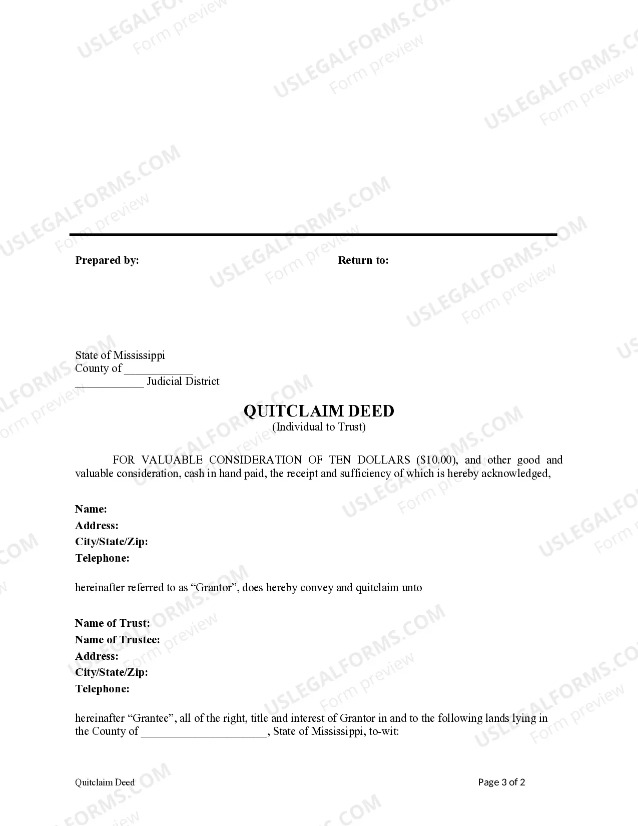 Preview Quitclaim Deed - Individual to a Trust