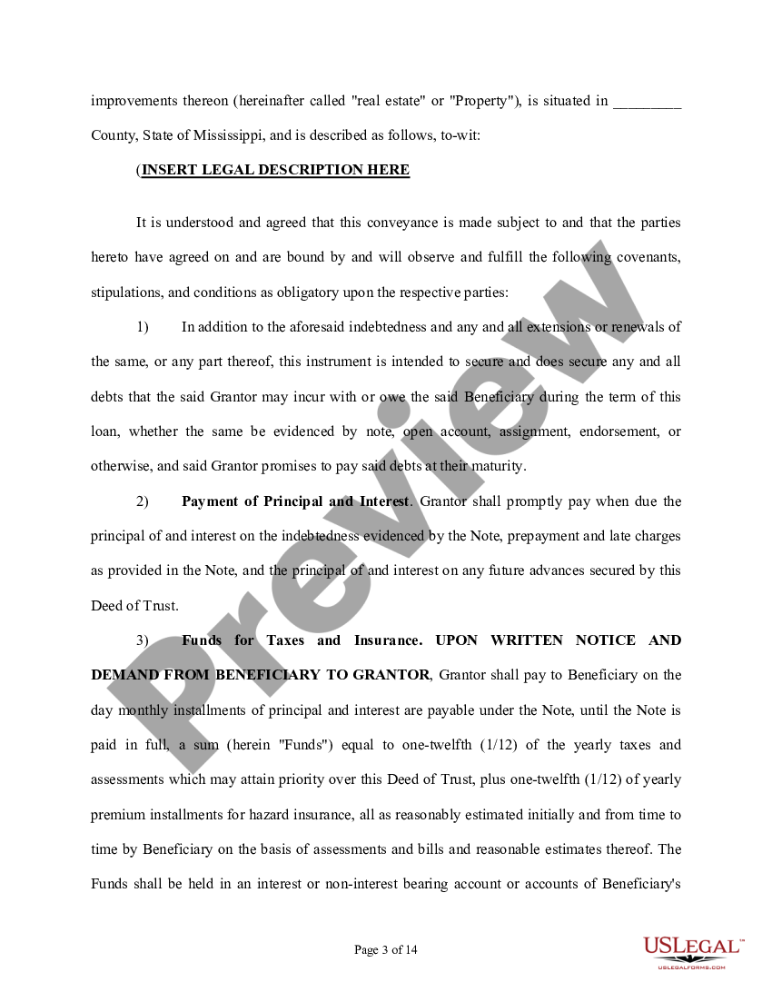 Mississippi Purchase Money Deed of Trust Purchase Money Trust Deed
