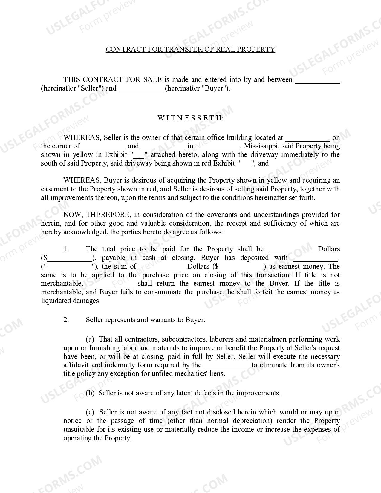 Mississippi Contract for transfer of real property from Bank to