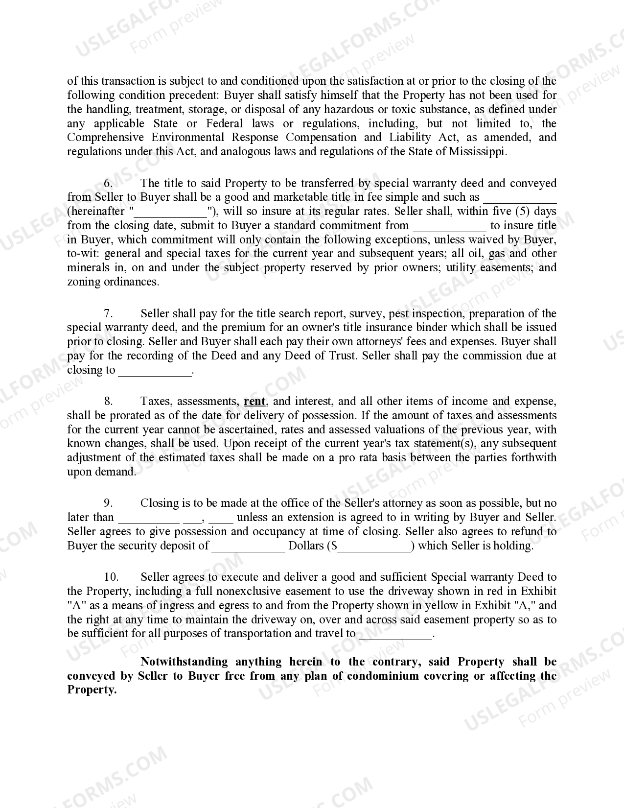 Mississippi Contract for transfer of real property from Bank to