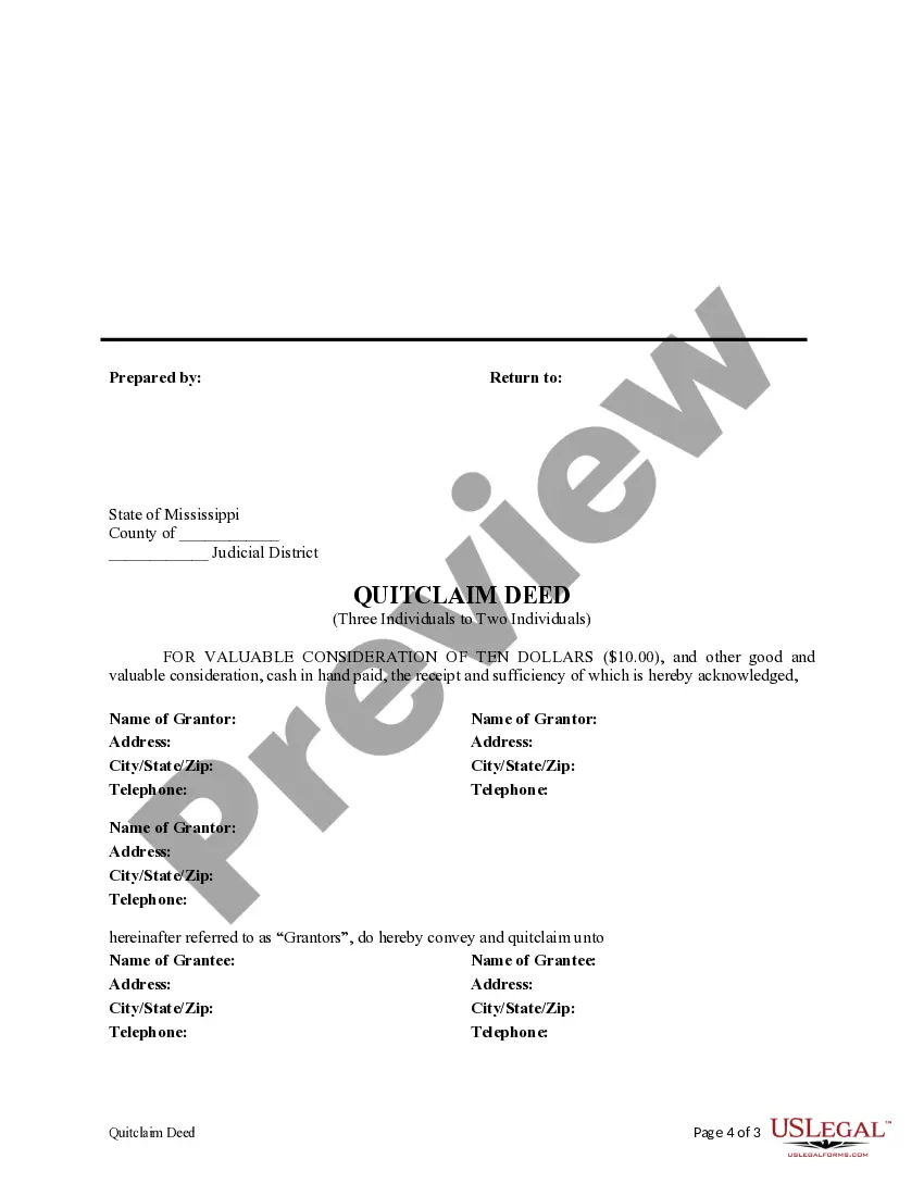 Preview Quitclaim Deed from Three Individuals to Two Individuals