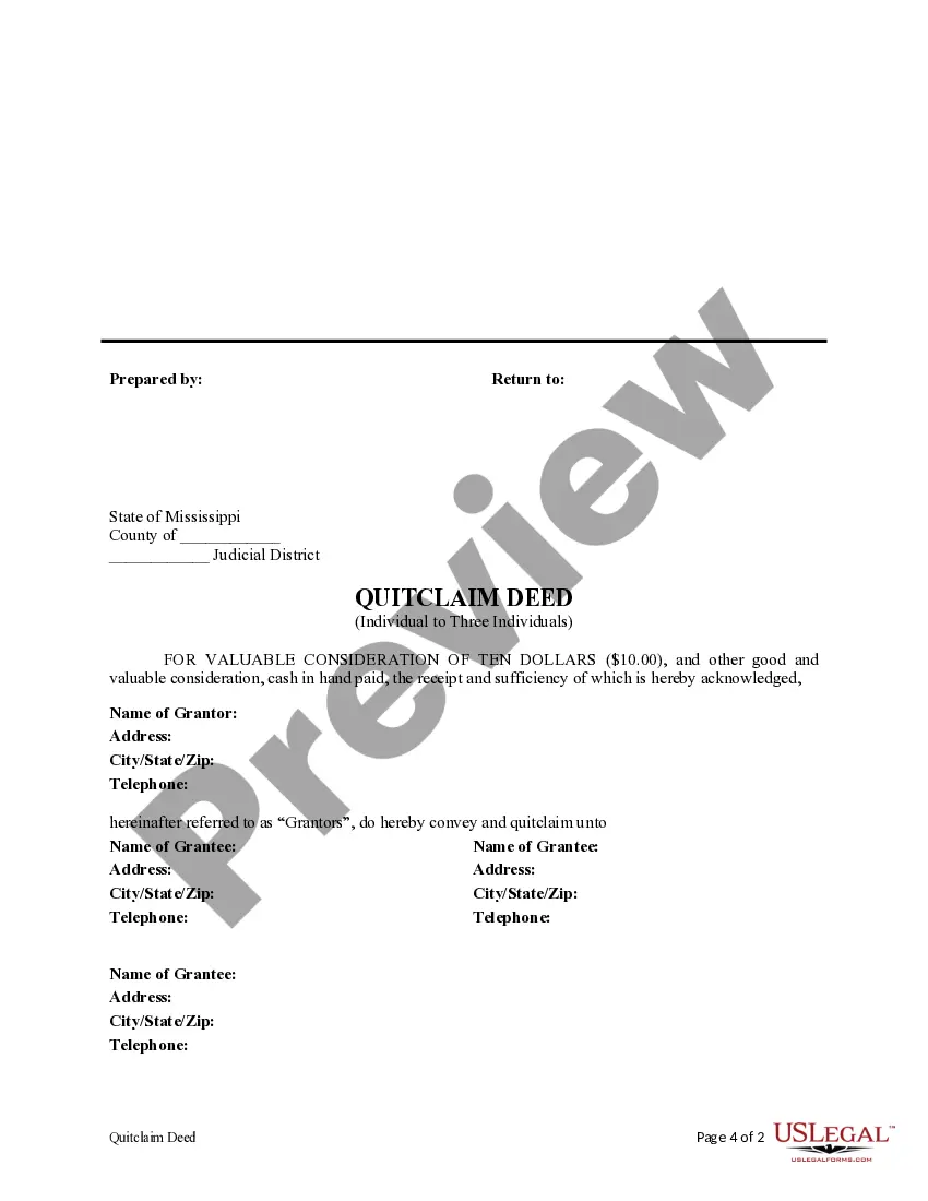 Preview Quitclaim Deed from an Individual to Three Individuals