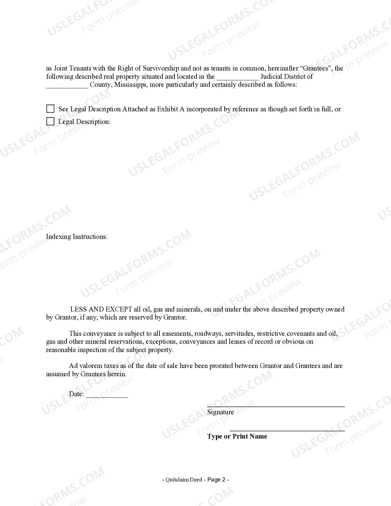 Mississippi Quitclaim Deed from Individual to Two Individuals in Joint  Tenancy - Joint Tenancy Frms In Ms
