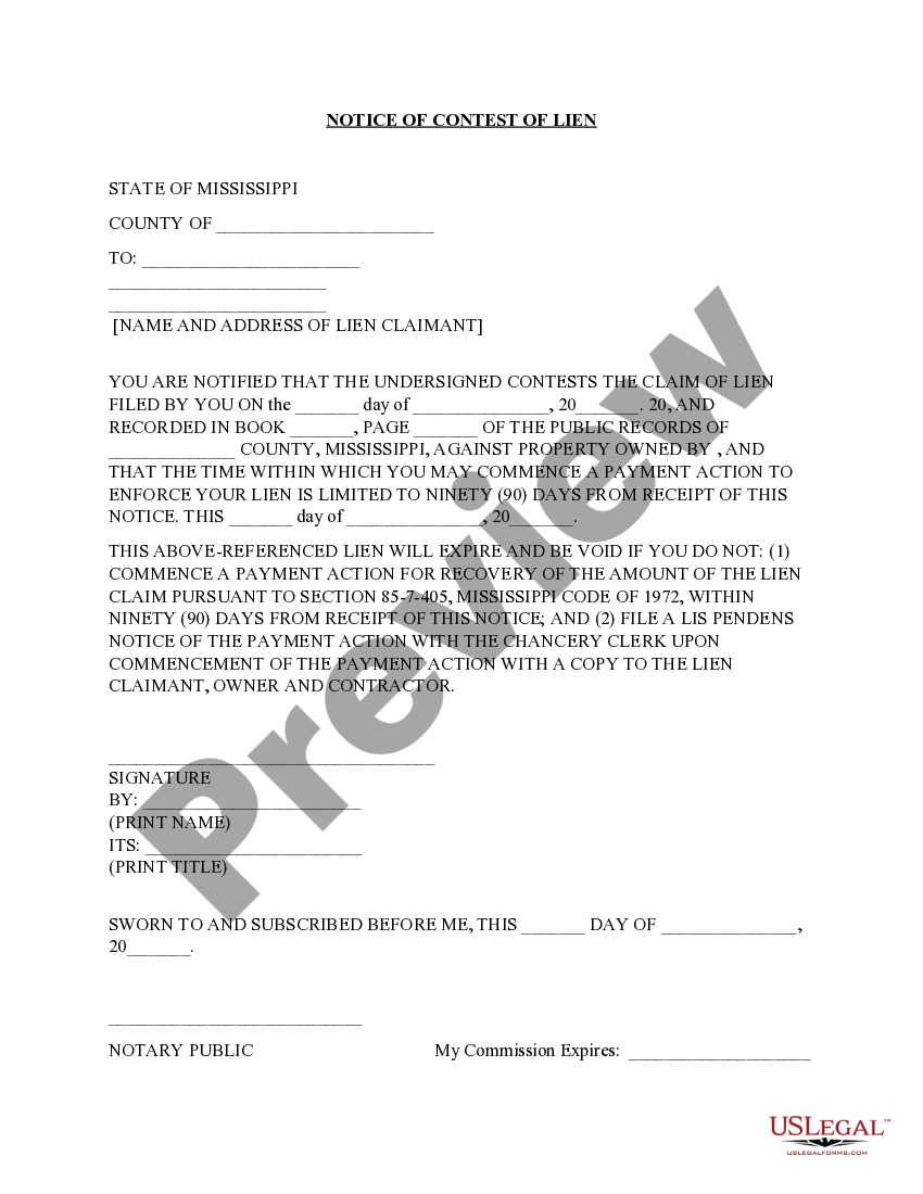 Mississippi Notice of Contest of Lien Lien US Legal Forms