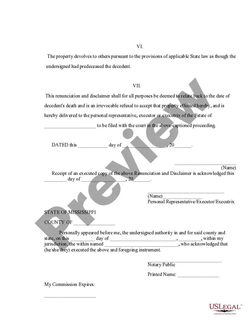 Preview Mississippi Renunciation and Disclaimer of Property from Will by Testate