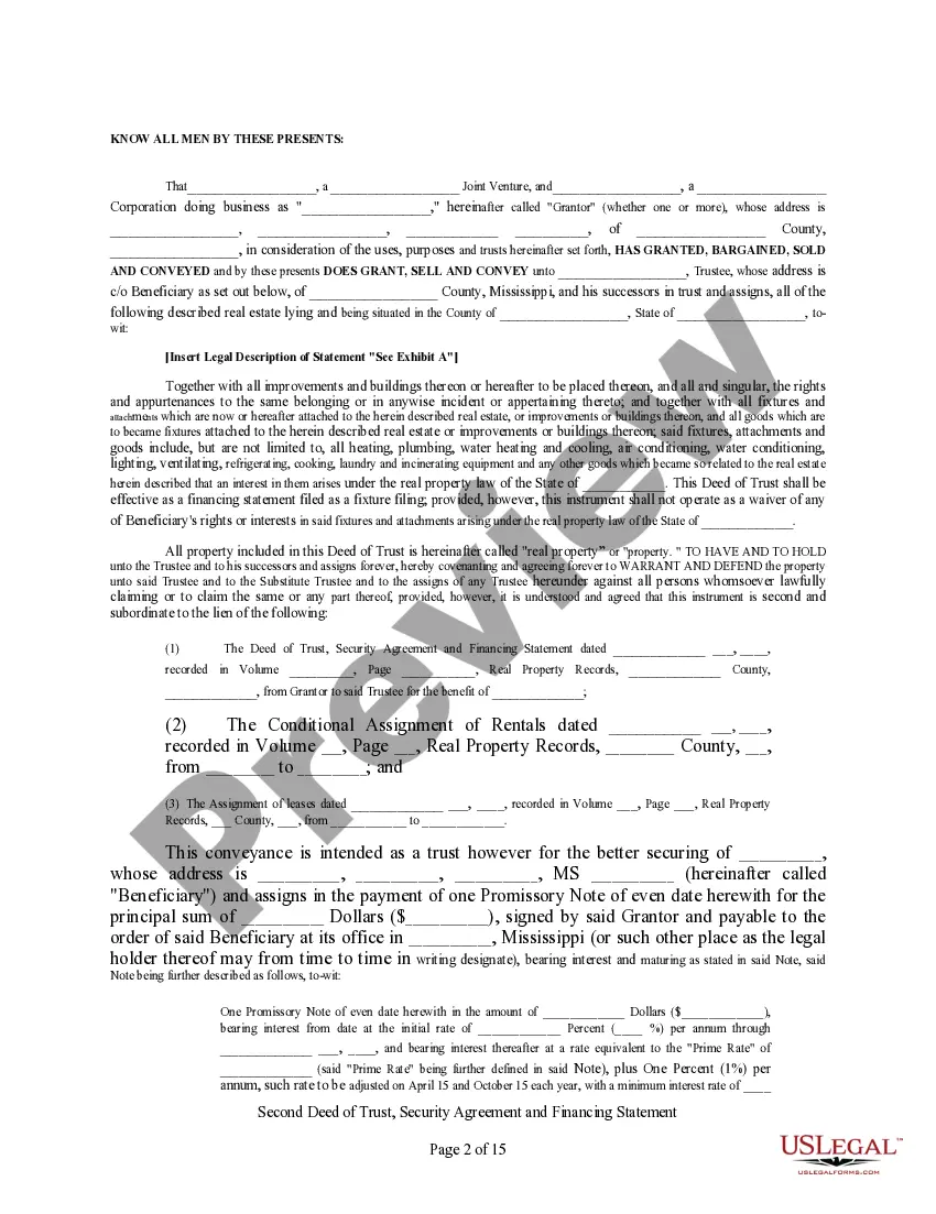 Get Second Deed of Trust, Security Agreement, and Financing Statement Preview Second Deed of Trust, Security Agreement, and Financing Statement