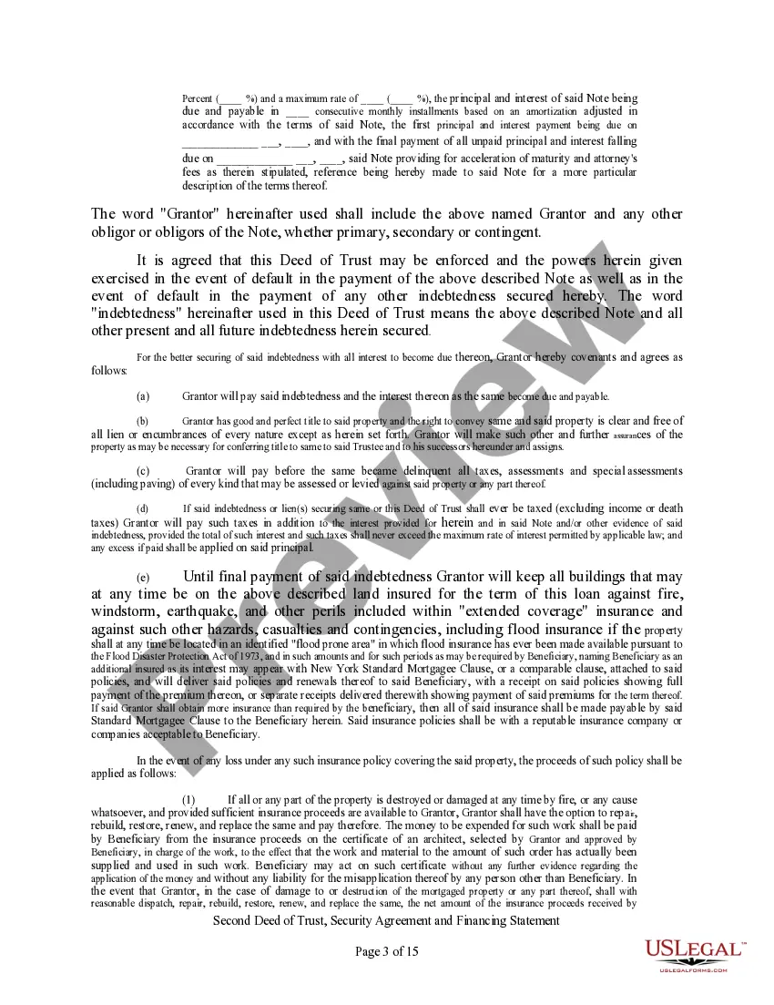 Get Second Deed of Trust, Security Agreement, and Financing Statement Preview Second Deed of Trust, Security Agreement, and Financing Statement