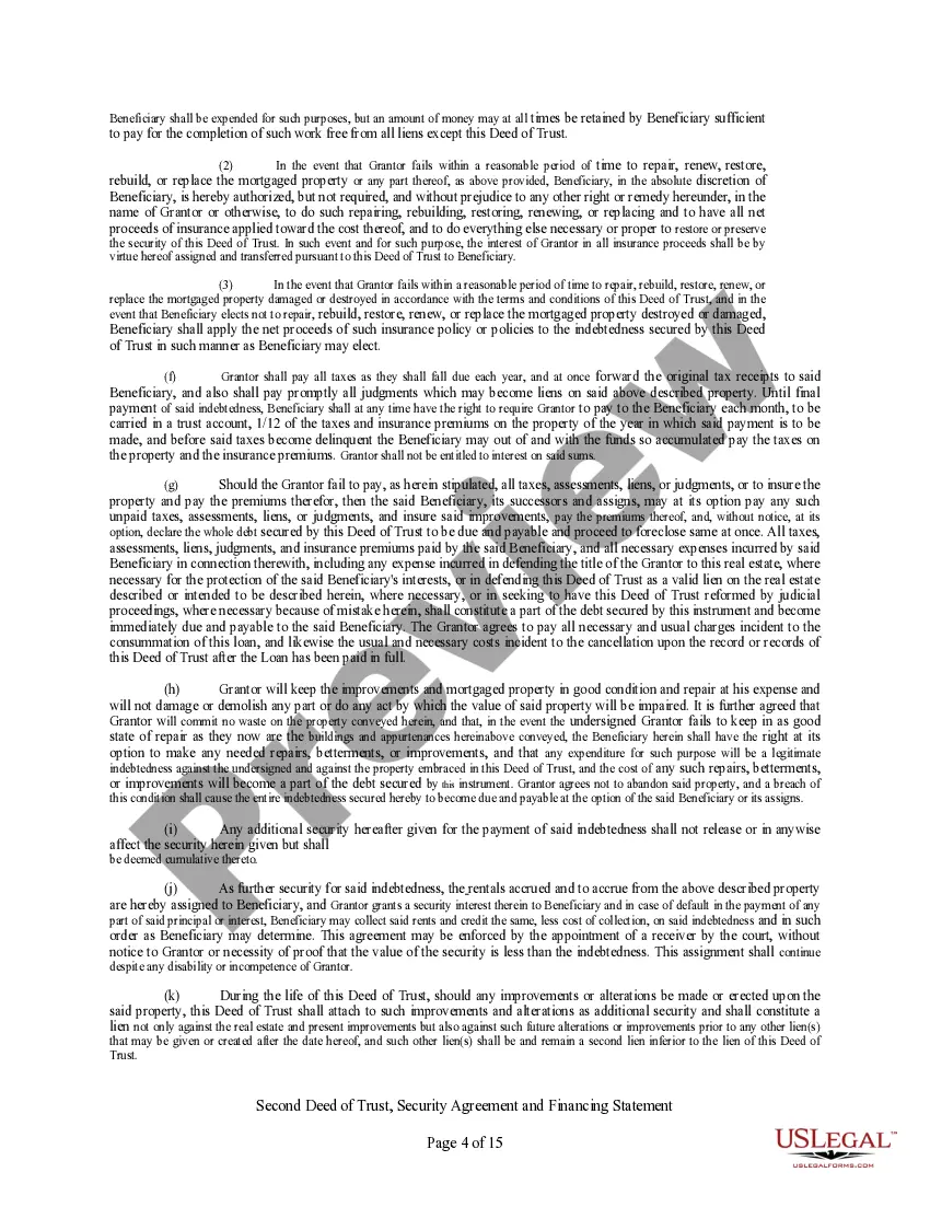 Get Second Deed of Trust, Security Agreement, and Financing Statement Preview Second Deed of Trust, Security Agreement, and Financing Statement