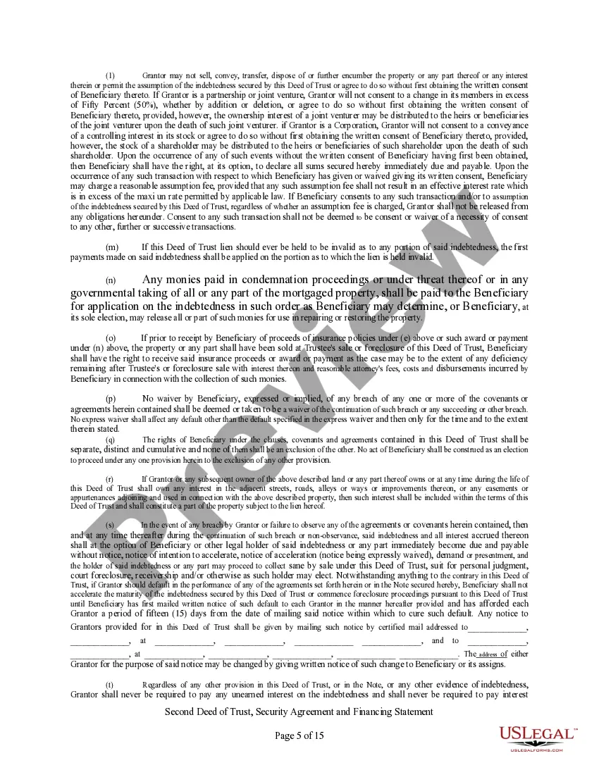 Get Second Deed of Trust, Security Agreement, and Financing Statement Preview Second Deed of Trust, Security Agreement, and Financing Statement