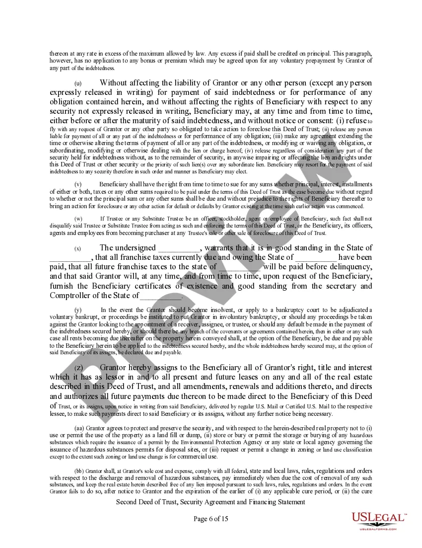 Get Second Deed of Trust, Security Agreement, and Financing Statement Preview Second Deed of Trust, Security Agreement, and Financing Statement