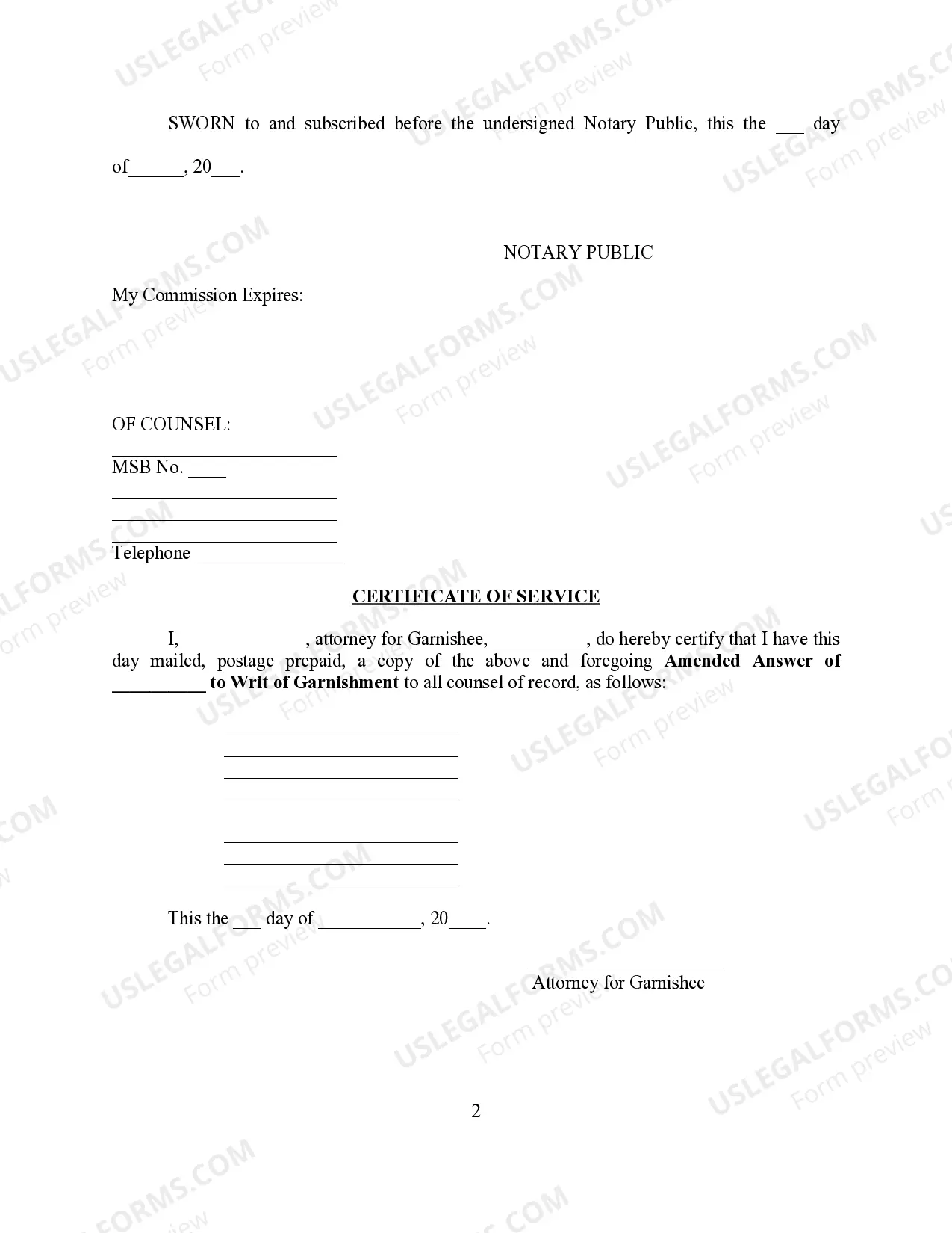 Preview Amended Answer to Garnishment Re Bankruptcy