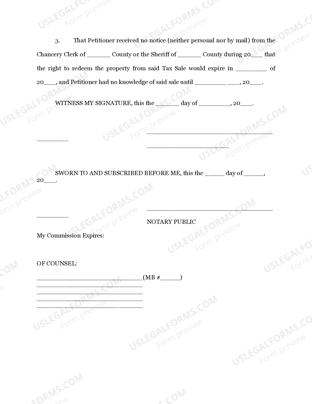 Preview Affidavit in Support of Default regarding Tax Sale