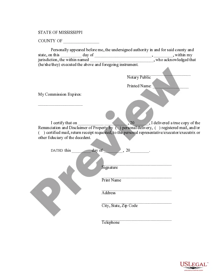 Preview Mississippi Renunciation and Disclaimer of Real Property Interest